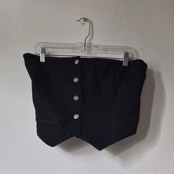 Love Tree Button Front Tube Vest Top Large Black Denim Smocked Back Strapless - Picture 1 of 3